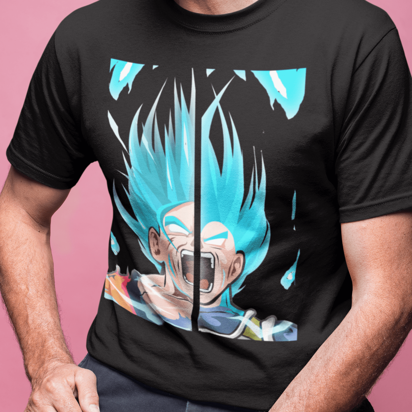 closeup of a man wearing a tshirt mockup in a pink room wearing a black 180 gsm unisex round neck tshirt