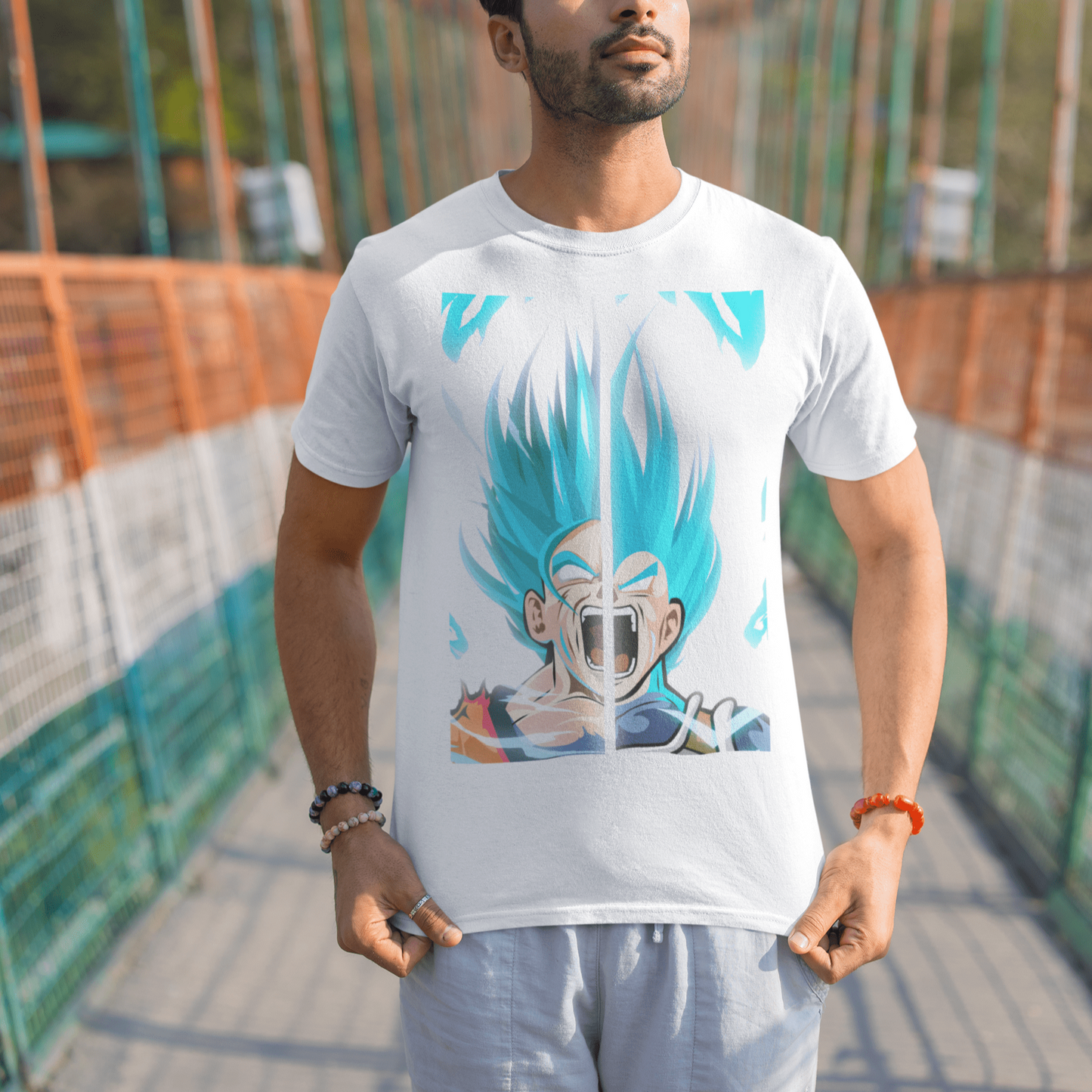 a calm indian man posing with his eyes closed in a bridge wearing white unisex 180 gsm tshirt