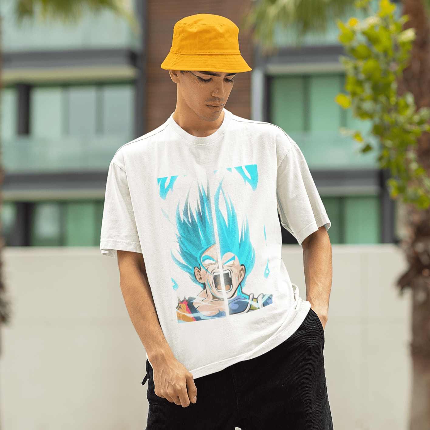 modelshoot of a man with graphic eye makeup wearing an orange bucket hat wearing a white unisex 180 gsm tshirt