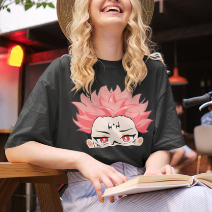 a young woman laughing wearing a black unisex round neck tshirt