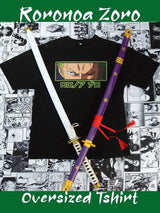 Black oversized t-shirt with anime character design, paired with a purple sword on a comic book pattern background.