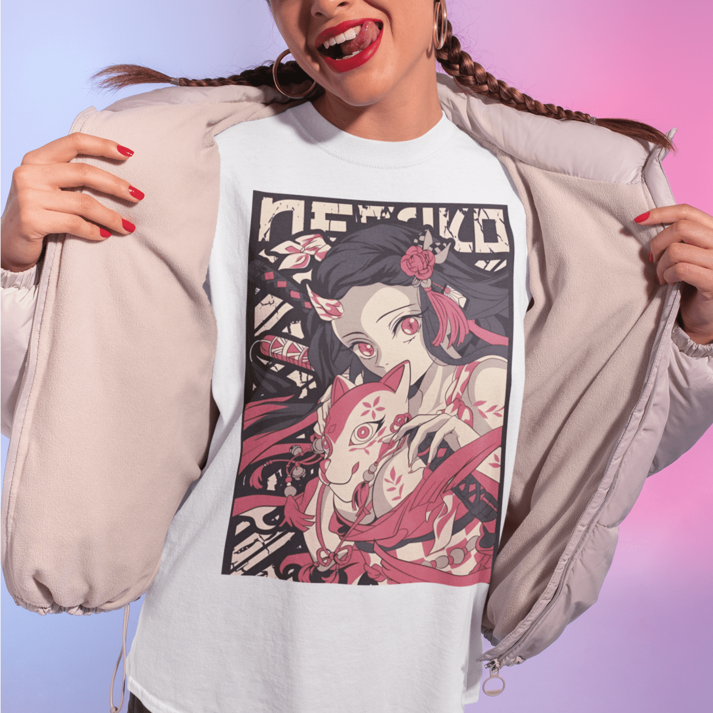 a bold woman with pony tails wearing a unisex white tshirt in a studio