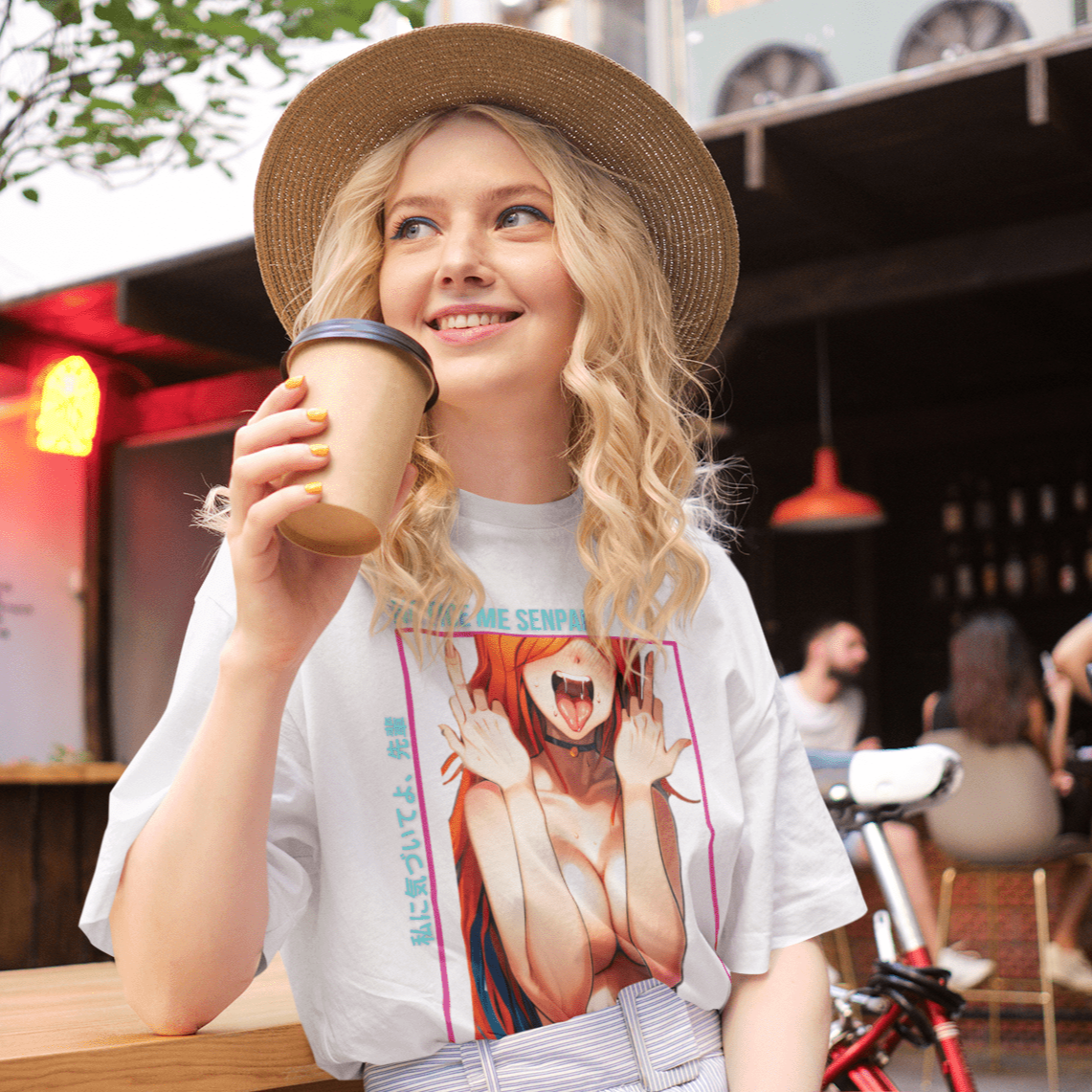 mockup of a woman wearing a unisex tshirt at a coffee shop