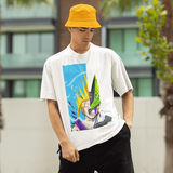 modelshoot of  a man with graphic eye makeup wearing an orange bucket hat wearing a white