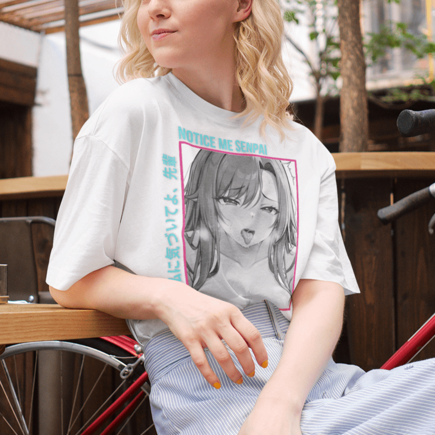 unisex white tshirt  of a woman at a cafe