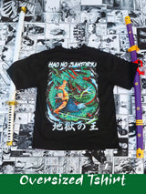 Black oversized t-shirt with colorful graphic design on a comic book-style background