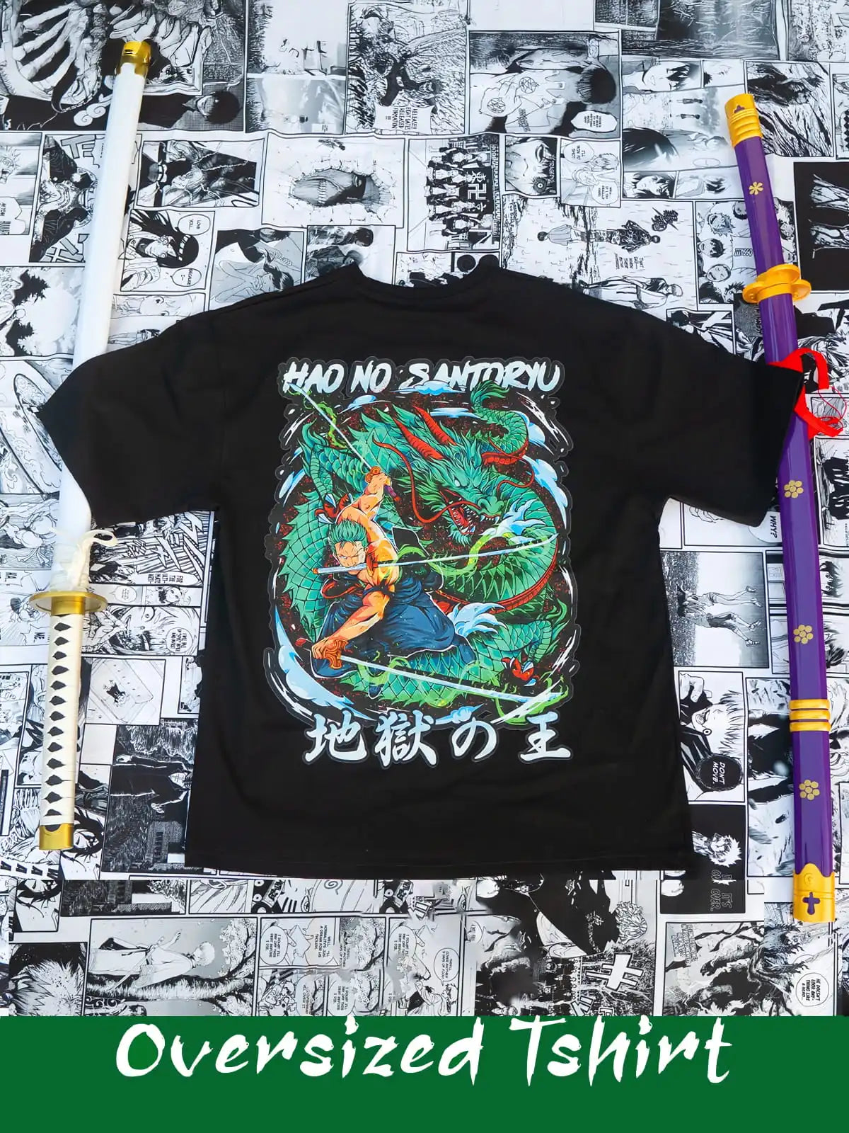 Black oversized t-shirt with colorful graphic design on a comic book-style background