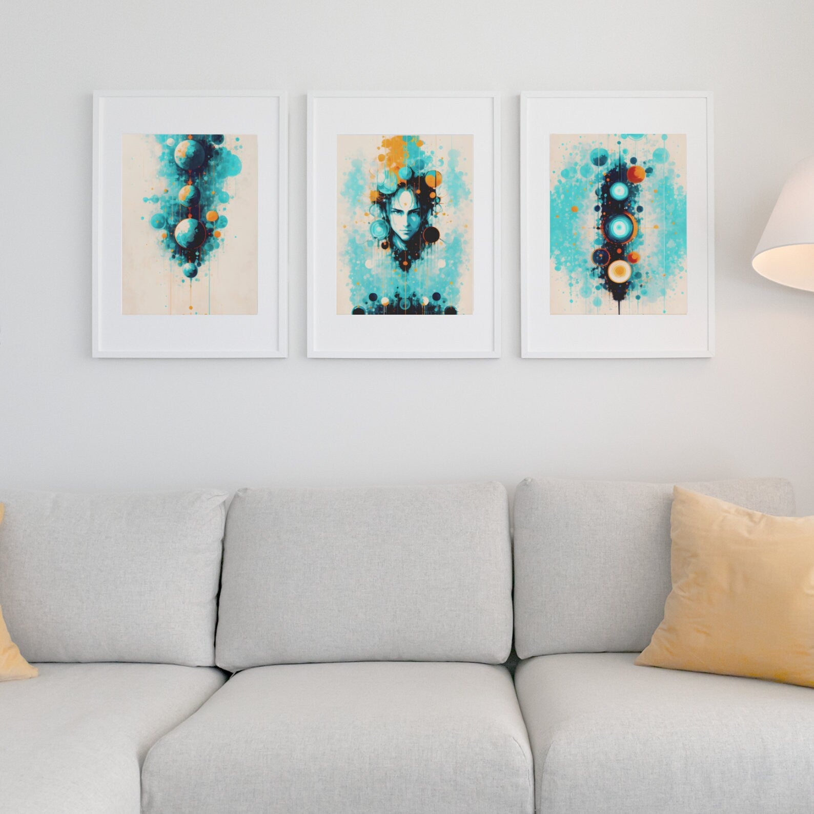 Hanging  Planets Abstract Art Print Set | Geometric Navy Orange Mustard White | Digital Download | Large Printable | Unique Wall Decor