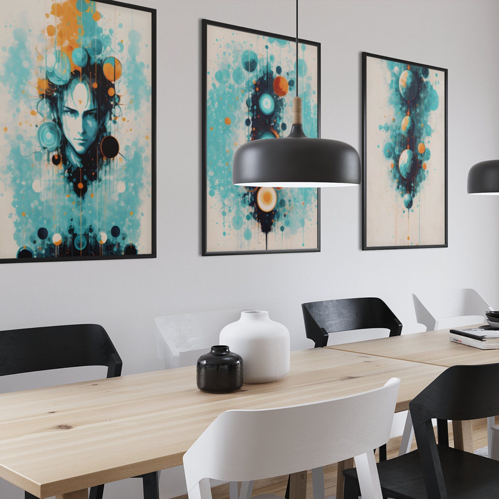 Hanging  Planets Abstract Art Print Set | Geometric Navy Orange Mustard White | Digital Download | Large Printable | Unique Wall Decor