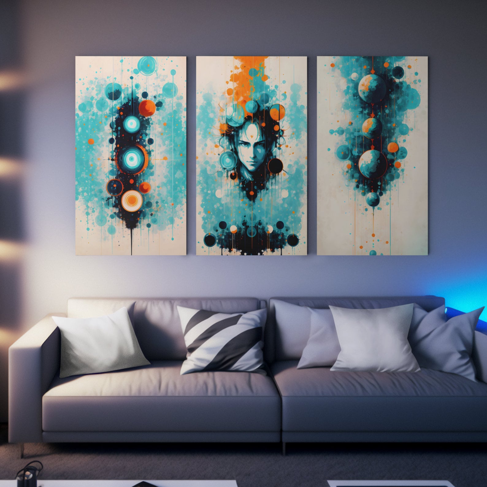 Hanging  Planets Abstract Art Print Set | Geometric Navy Orange Mustard White | Digital Download | Large Printable | Unique Wall Decor