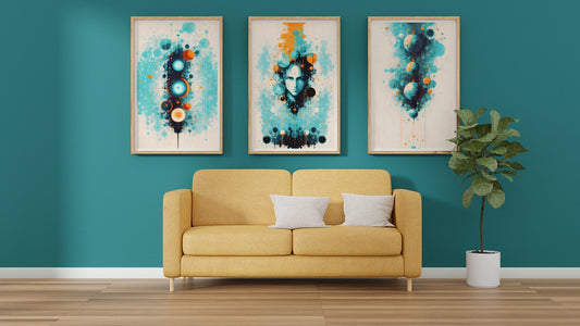 Hanging  Planets Abstract Art Print Set | Geometric Navy Orange Mustard White | Digital Download | Large Printable | Unique Wall Decor